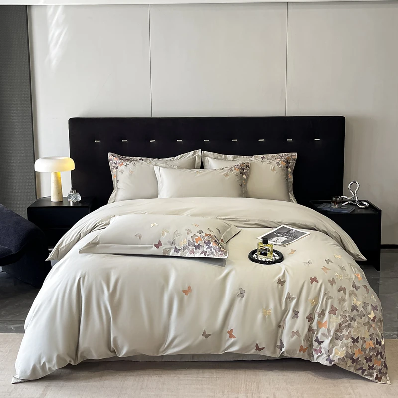 100% Cotton Luxury Butterfly Embroidery Bedding Set Queen King Size Duvet Cover Set Bed Sheet Fitted Sheet Pillowcases 4Pcs 2