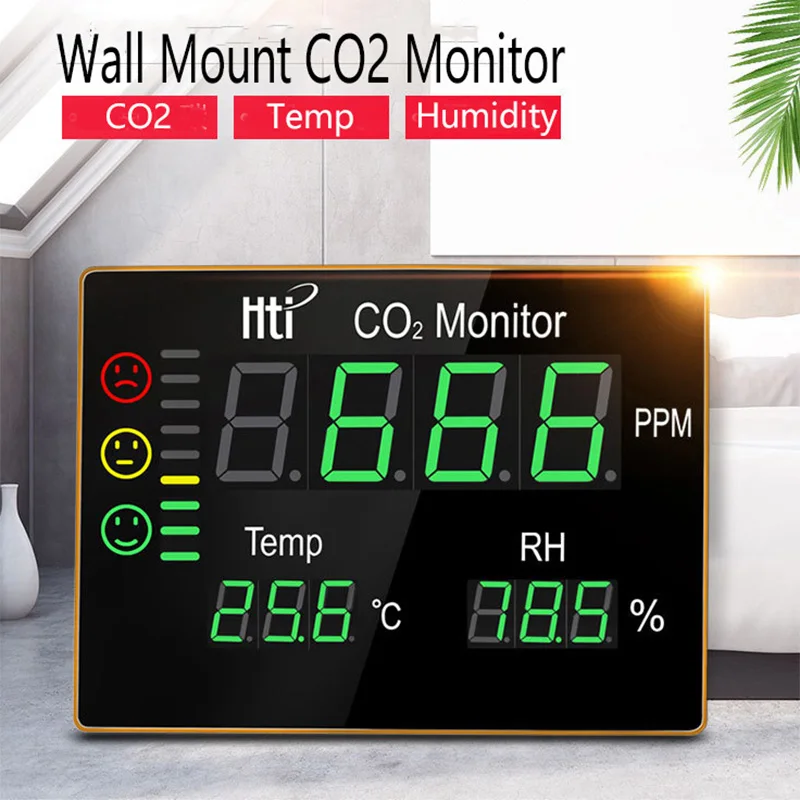 Air Quality Temperature Humidity Tester 0~9999PPM Wall Mount CO2 Monitor HT-2008Hti Carboon Dioxide Detector for Home Indoor