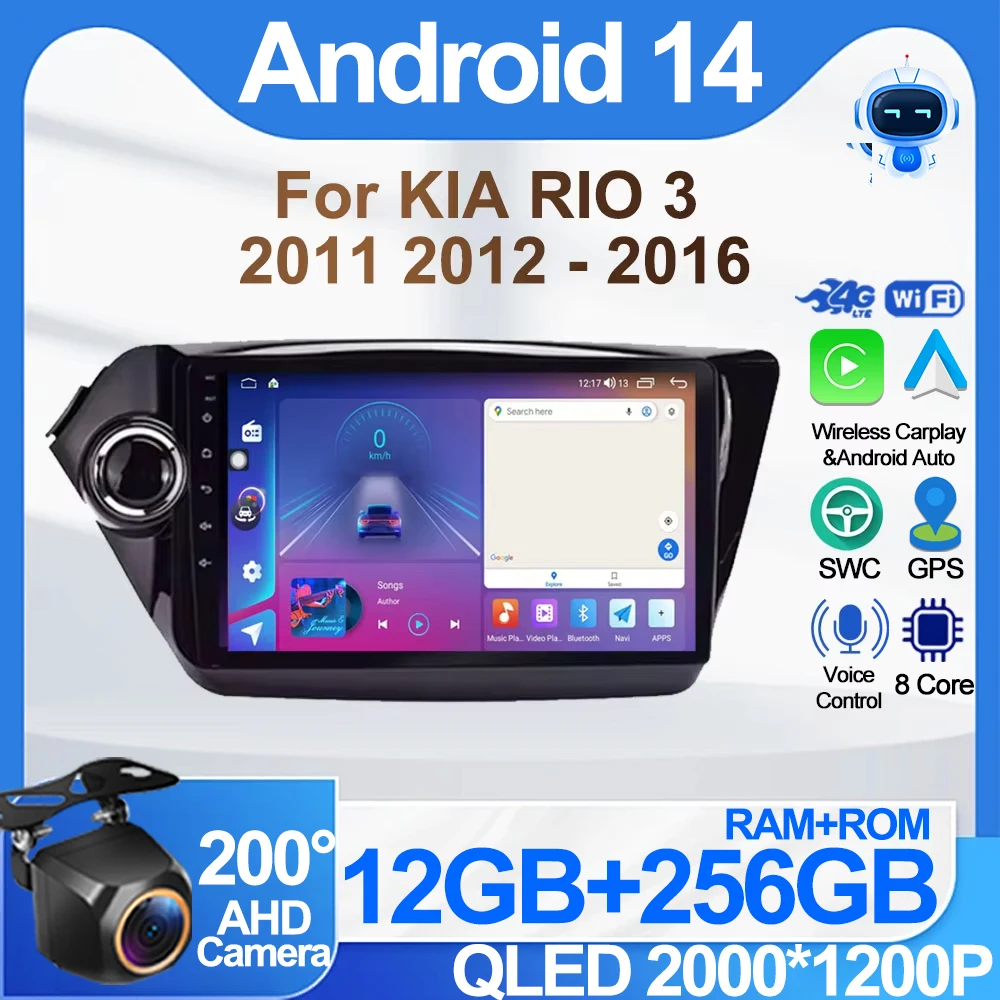 2Din Carplay Multimedia Screnn Android 14 For Kia RiO 3 2011 - 2016 Car ...