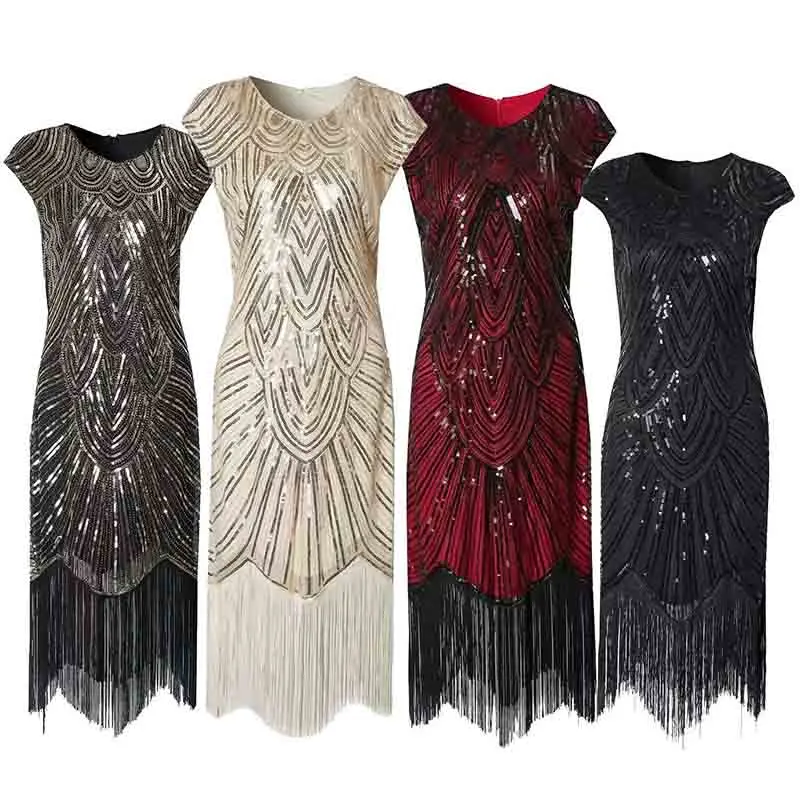 

O Neck Sleeveless Tassel Sequin Dress for Women Vintage Elegant Party Banquet High Waist Medium Length Dresses Summer 2024 New