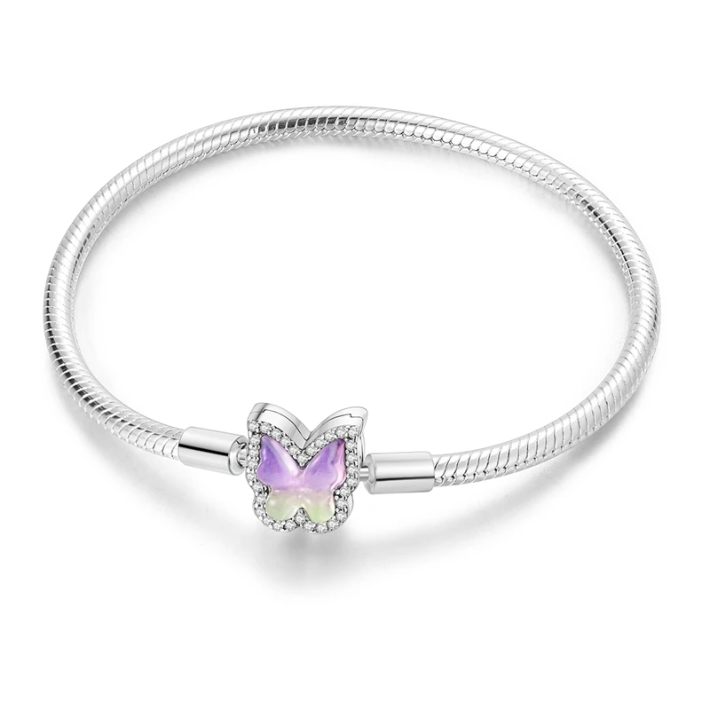 Unique 925 Sterling Silver Dreamy Purple Glow In The Dark Butterfly Snake Bone Bracelet For Women's Camping Jewelry Accessories 1