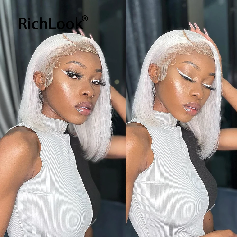 

Straight Short Bob Cut Wigs Human Hair 60 Transparent Lace Wig 13x4 Lace Frontal Wig Silver Colored For Black Women Cosplay Wig