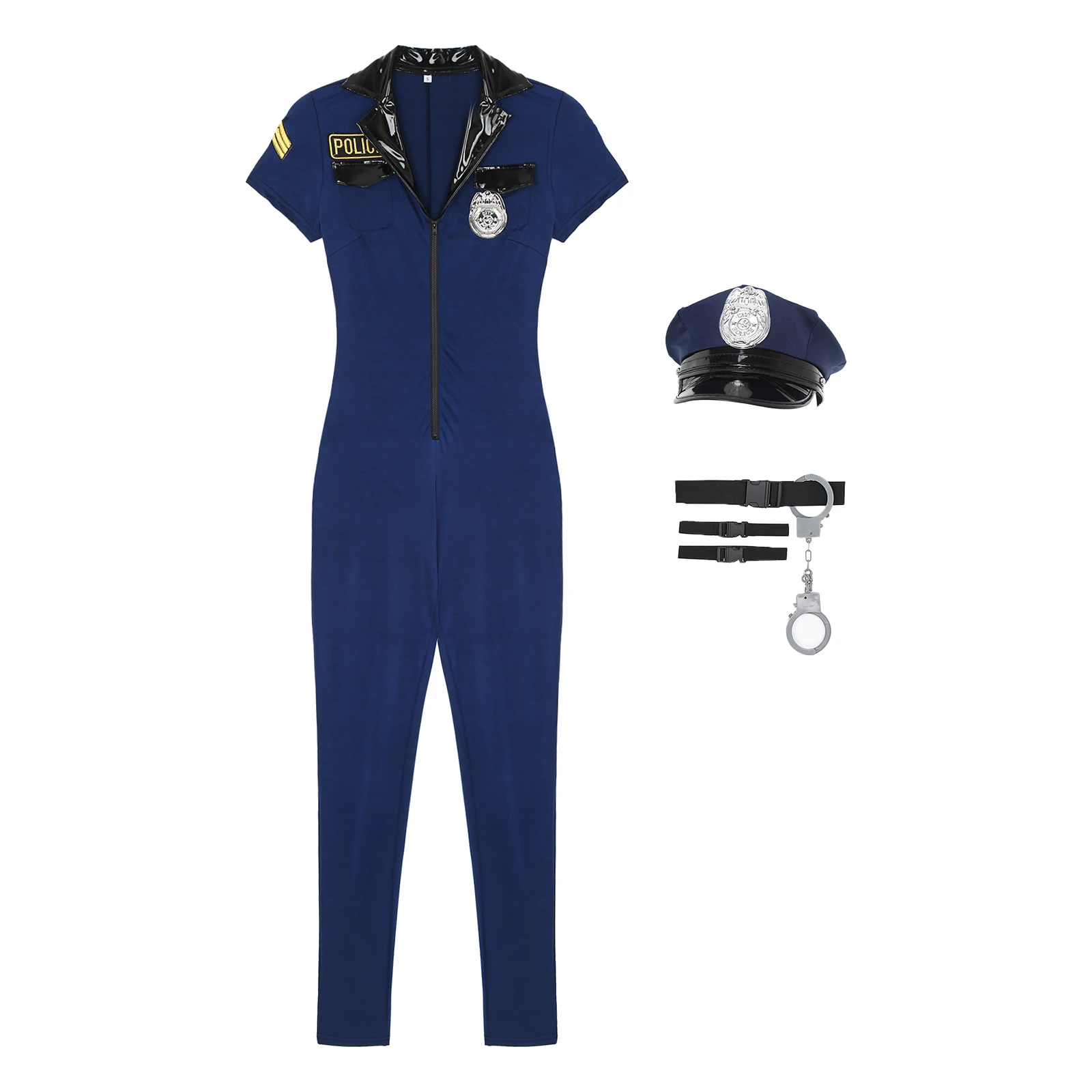 Men Police Uniform Cosplay Outfits Dirty Cop Officer Role Play Policeman Costume Front Zipper Jumpsuit Hat Belt Manacles Badge