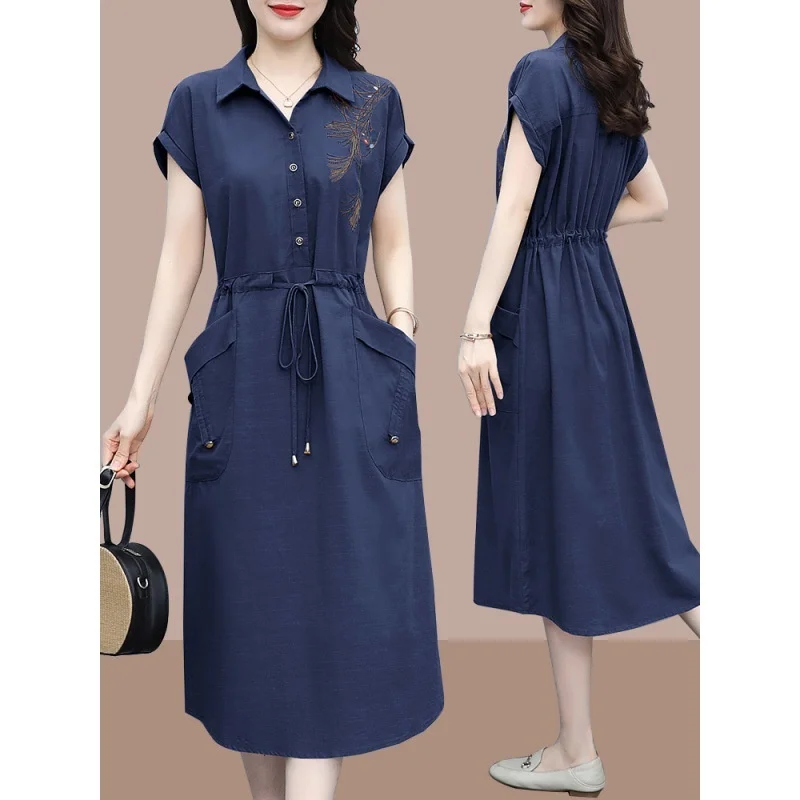 

Mom's Dress High end Cotton Linen Long Style Summer New Large Loose and Fashionable Linen Shirt Long Dress