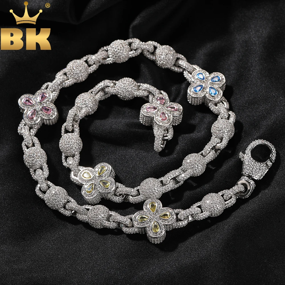 

THE BLING KING Four Leaf Clover With Bead Locked Link Chain Necklace Micro Paved Cubic Zirconia Bracelet Hiphop Jewelry