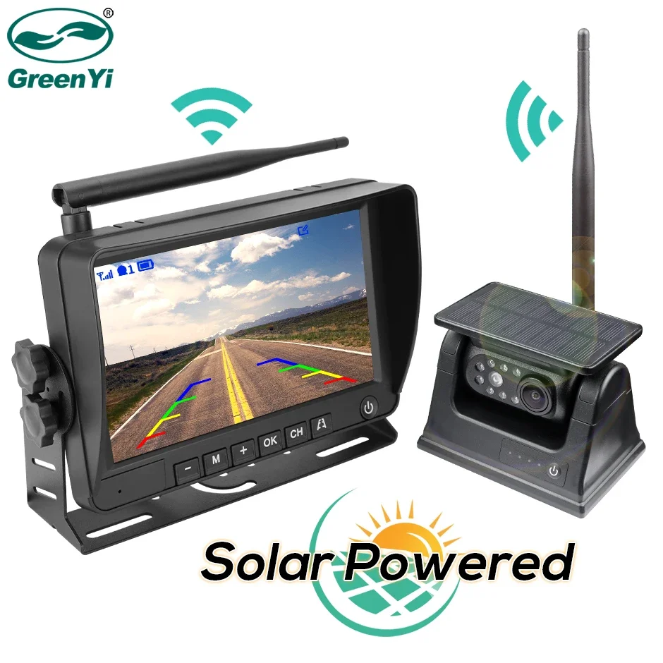 GreenYi Solar Powered Magnet Rear View Camera 7 inch IPS Monitor Wireless DVR Kit 1 Min DIY for Vans Trailer RV Truck Car