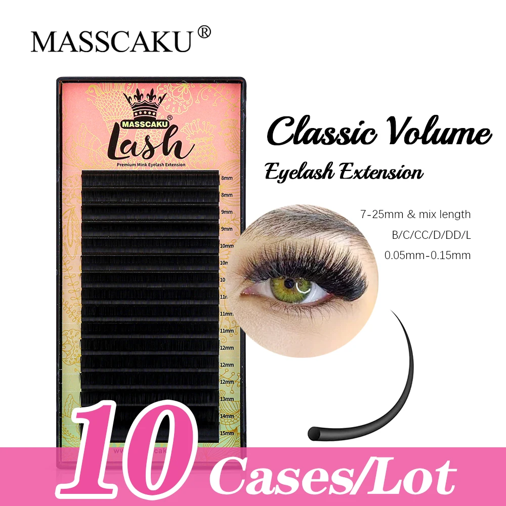 

MASSCAKU Hot Selling 10cases/lot 16 Rows C CC D DD J Curl 8-16mm Single Length Professional Classic Eyelashes Extension for Make