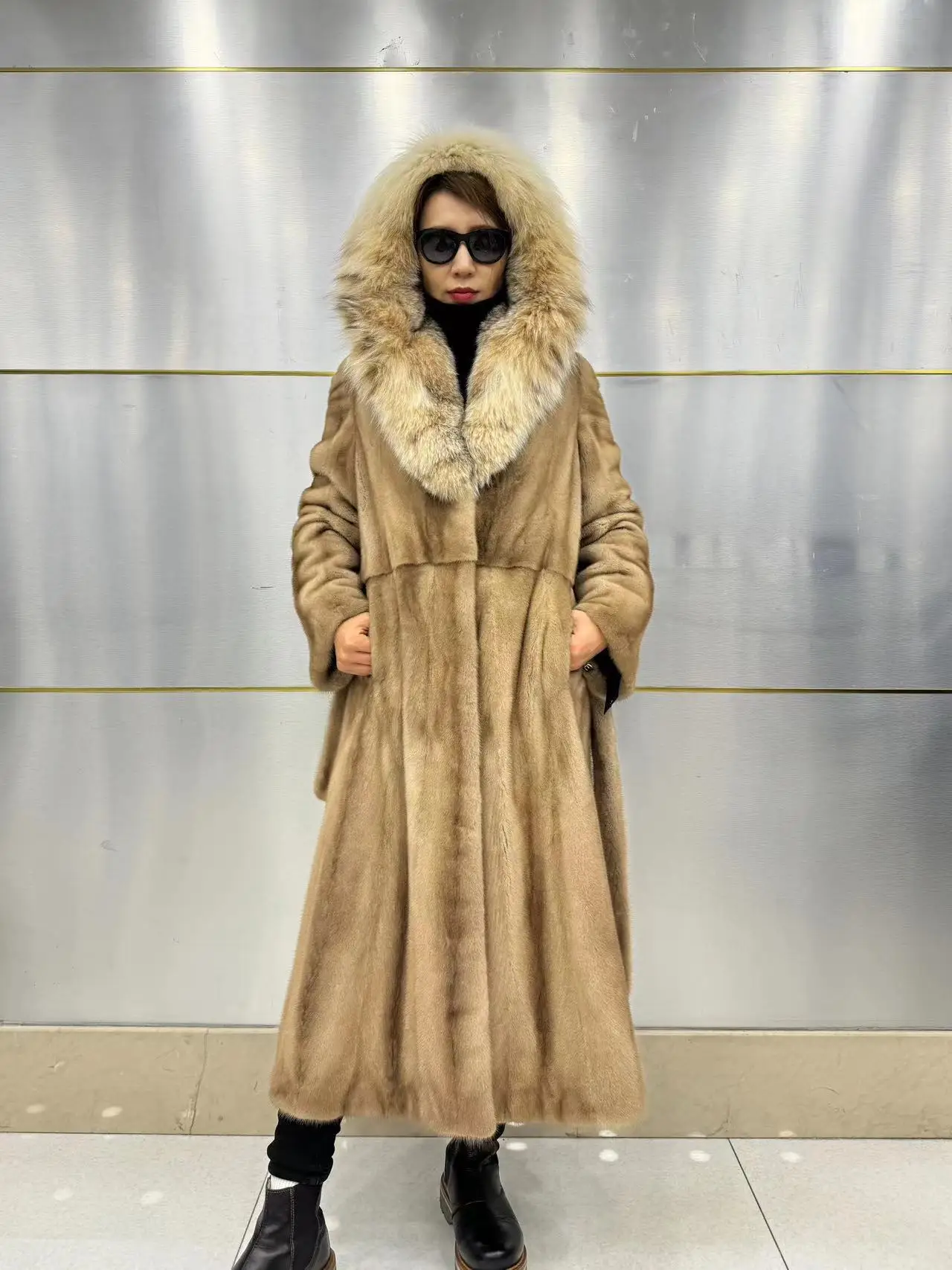 OMEGERAL Women's Real Mink Fur Coat