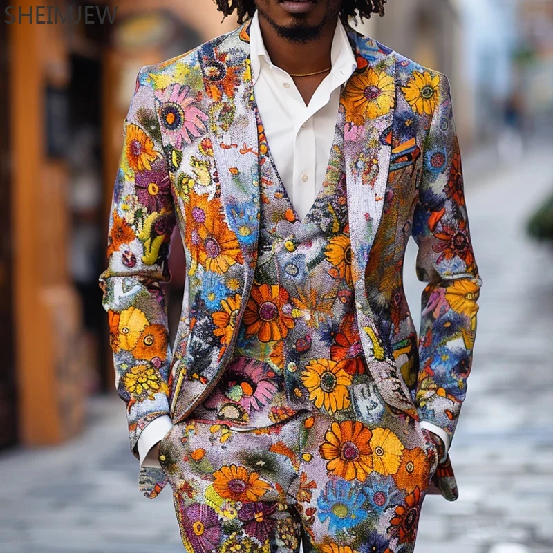 Rose Colorful Print Men's Flower Suit Business Casual Outdoor Classic Men Suit Emcee Stage Suits Nightclub Showing Jacket & Pant