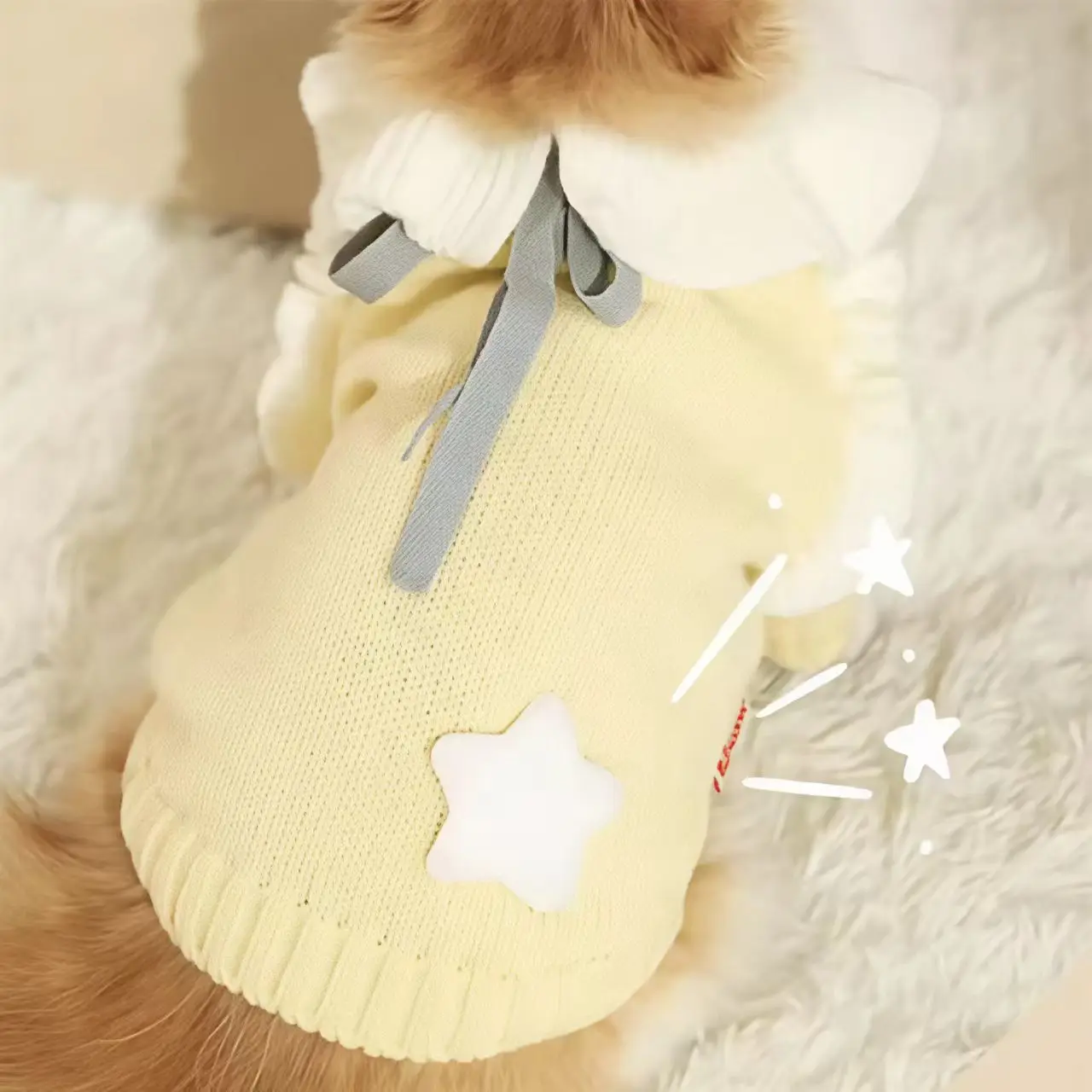 강아지 옷 귀여운 주름 장식 플러시 3차원 별 장식과 편안하고 부드러운 조절 가능한 칼라가 있는 소형견 스웨터