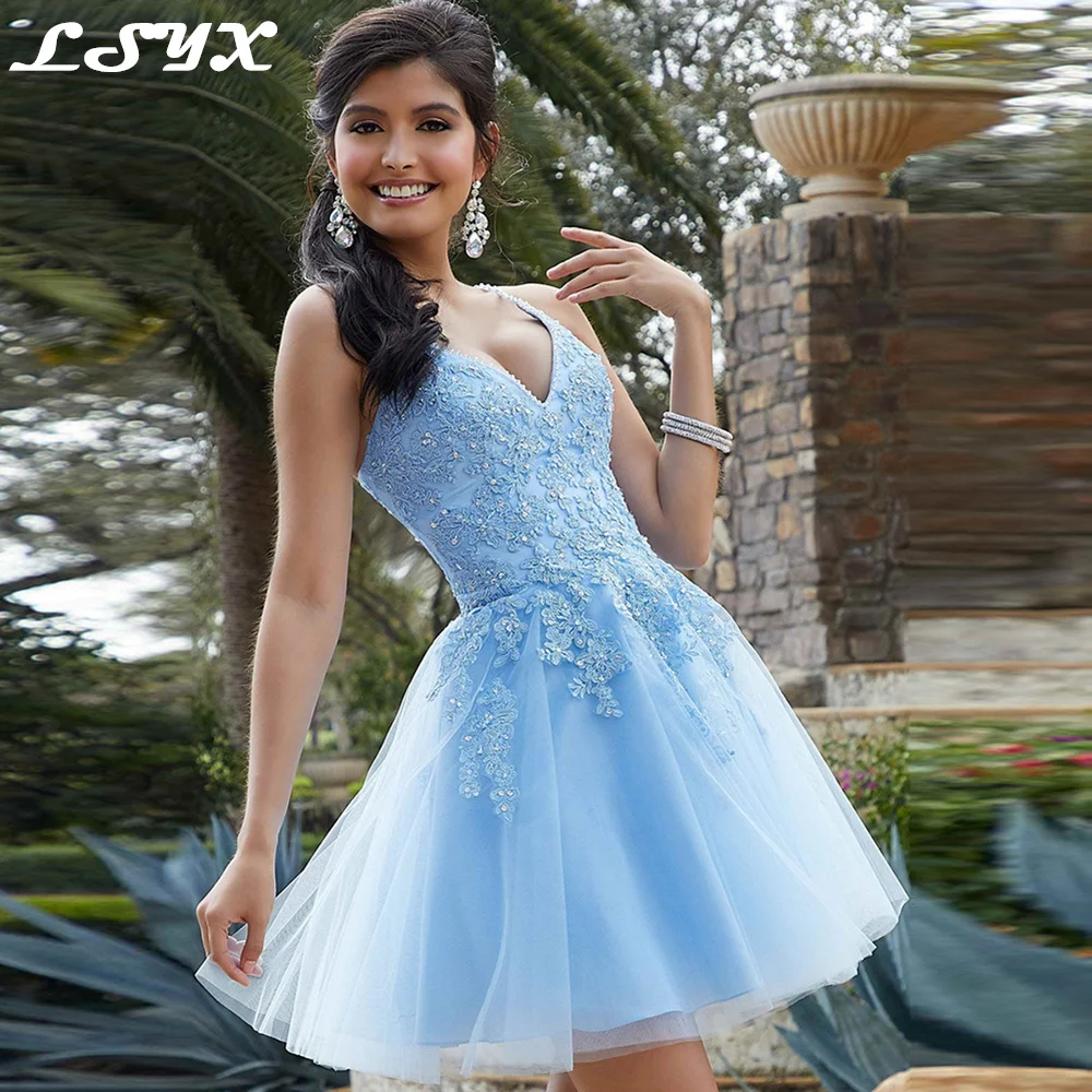 

LSYX Elegant Mini Spaghetti Straps Homecoming Dress 2023 Sexy Lace Appliques A-Line Tulle Party Prom Gown Above Knee Backless