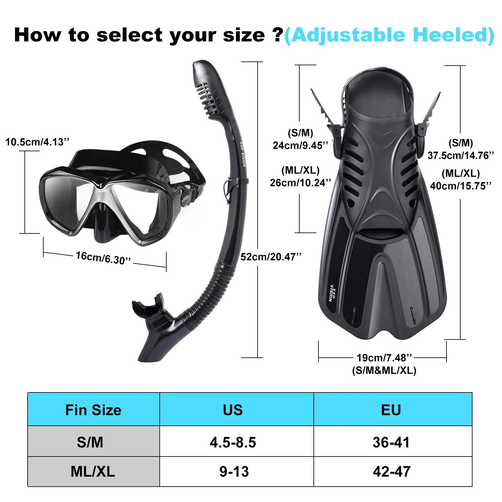 Snorkeling Gear for Adult, Anti-fog Diving Mask, Anti-Leak Dry Top Snorkel and Dive Flippers, Diving Package, 180 °