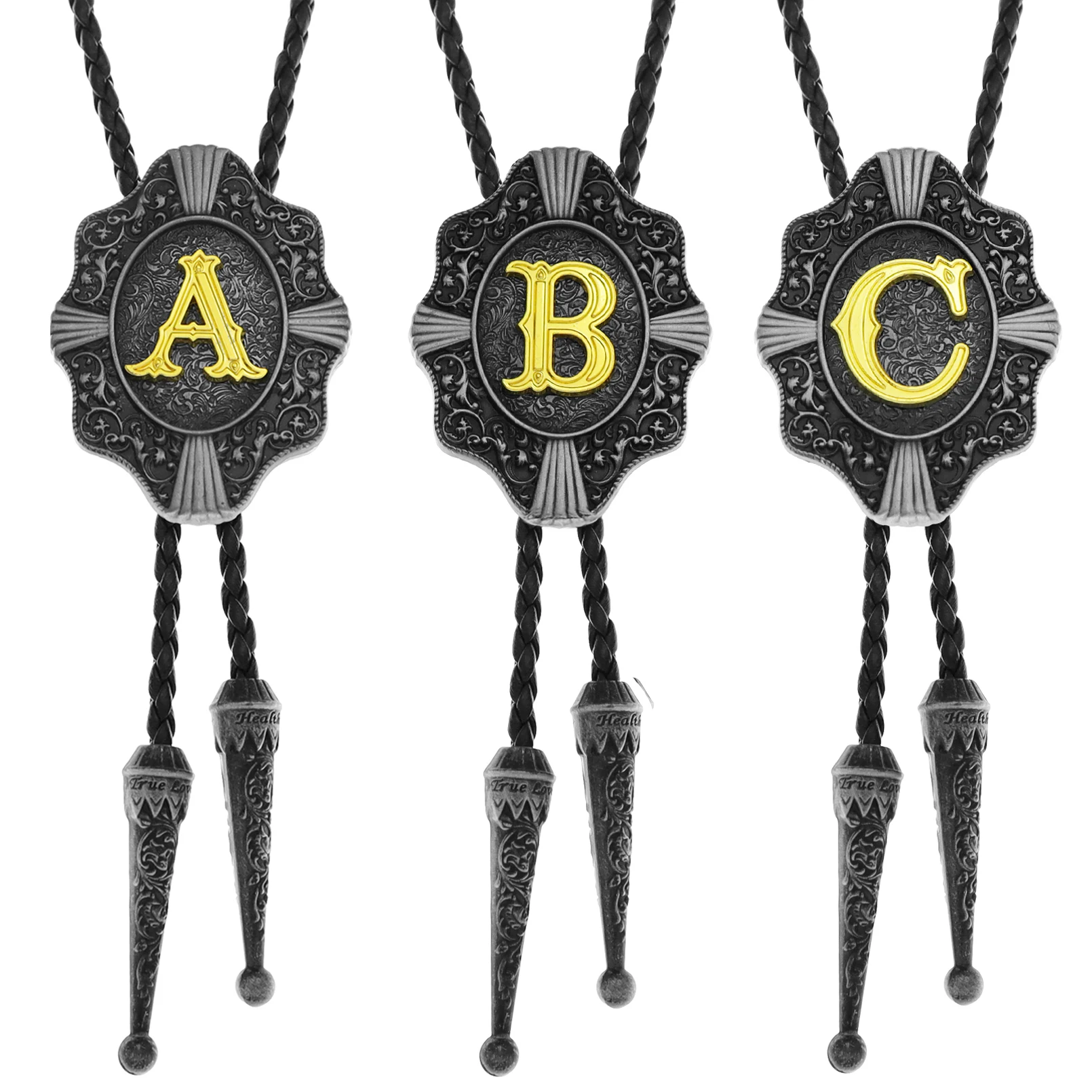 

26 Letters Necktie for Men Western Cowboys Bolo Ties Gold Color A To Z Pendant Leather Gravata Fashion Jewelry Accessories Gift