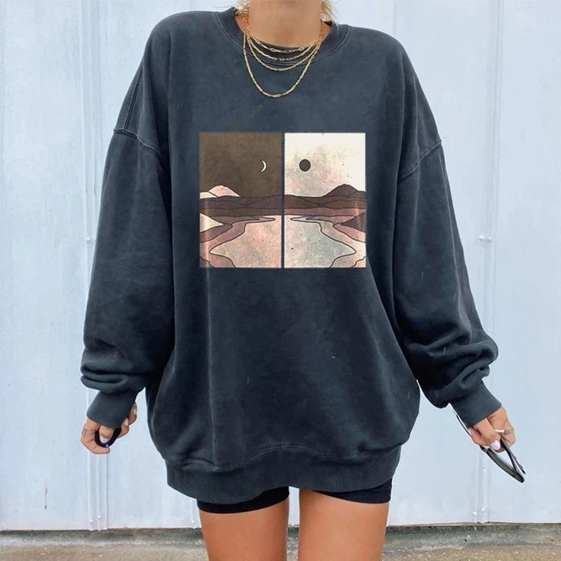 

Hip Hop Moon Sun Pattern Printed Dark Blue Vintage Sweatshirt Women Loose Oversized Hoodies Lady Plus Size Fall 2022 Streetwear
