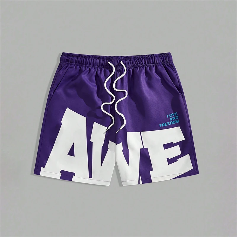 Simple AWE Letters Mens Short Pants Fashion Trend Streetwear 3D Printed Beach Shorts Loose Harajuku Cool Hip Hop Board Shorts 4