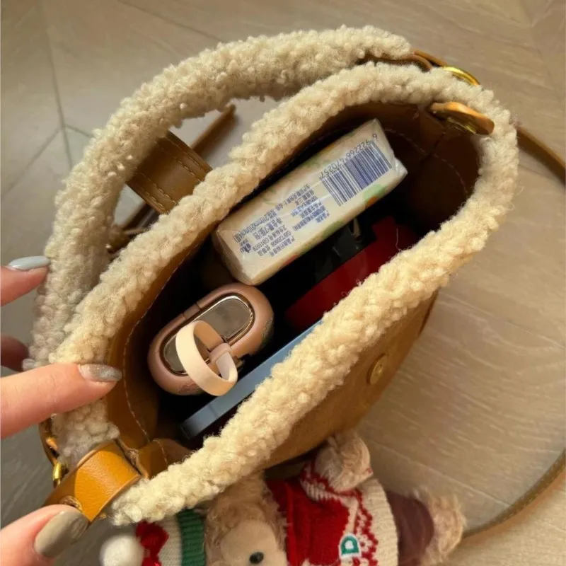 JIAERDI Cute Lambswool Mini Bucket Bag Women Maroon Retro Suede Handbag  Ladies Patchwork Casual Leather Strap Crossbody Bag New