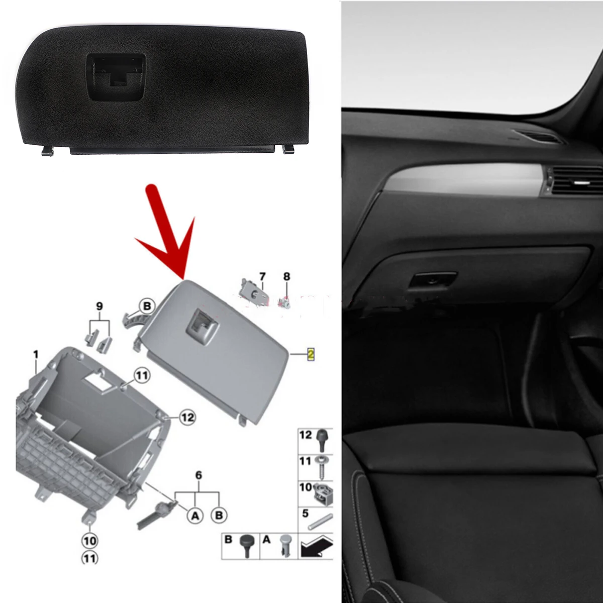 Couvercle Porte Boîte à Gants Noir Compatible BMW X3 X4 F25 F26 2011-2018 - Réf 51166839000
