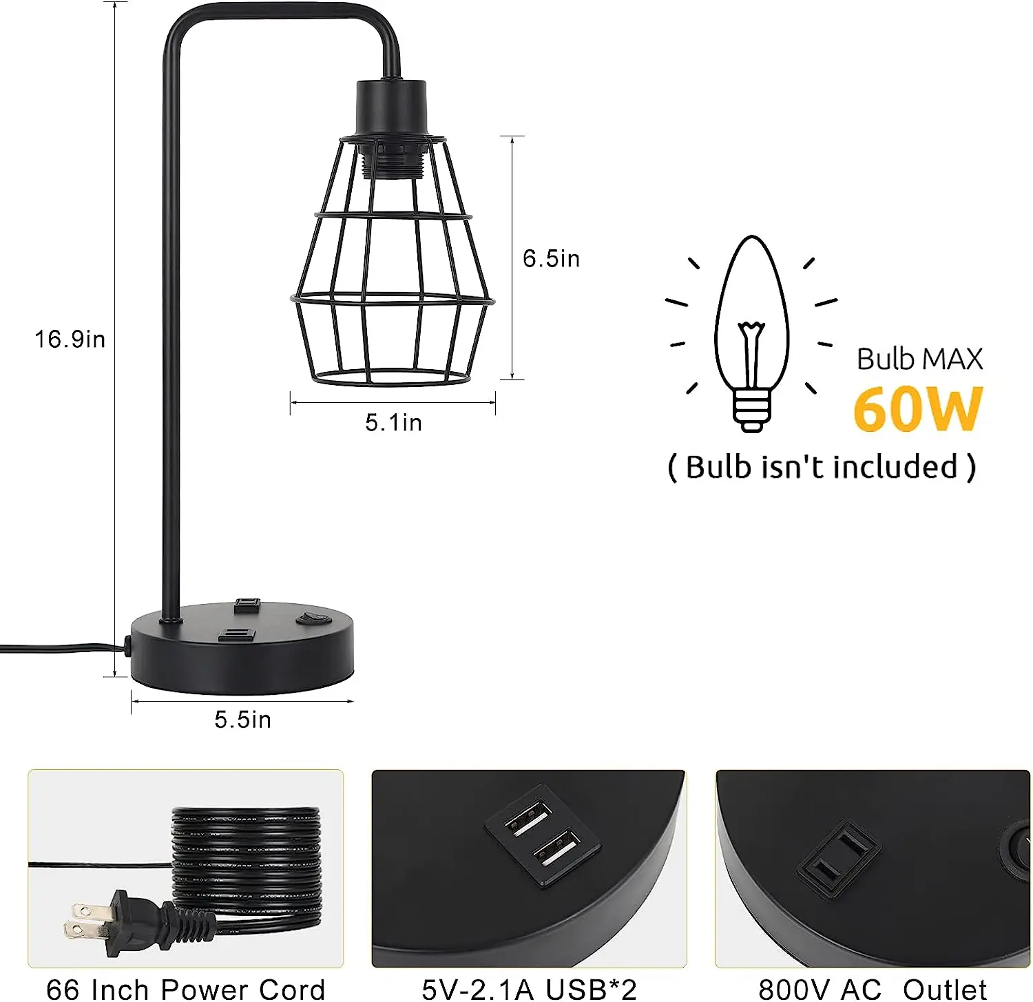 Set of 2 Black Industrial Table Lamp Nightstand Bedside Lamps w/ USB Ports Shade 5