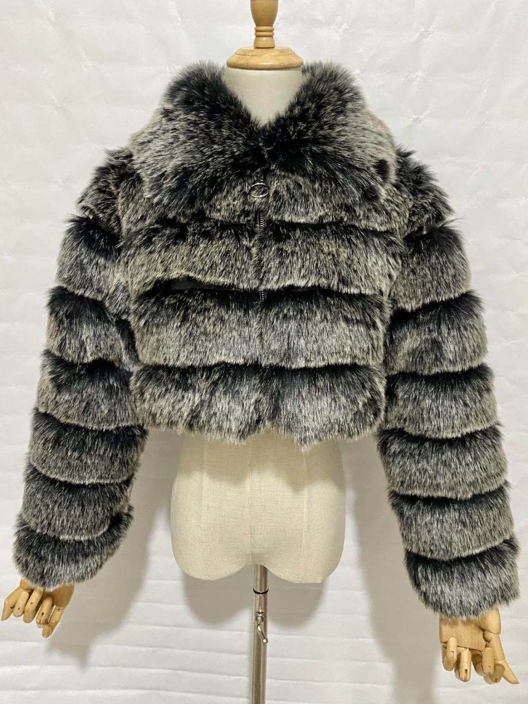Fashion Short Faux Fur Coat Female 2023 Winter New Polo Collar Imitation Fox Fur Long Sleeve Stitching Jackets for Women