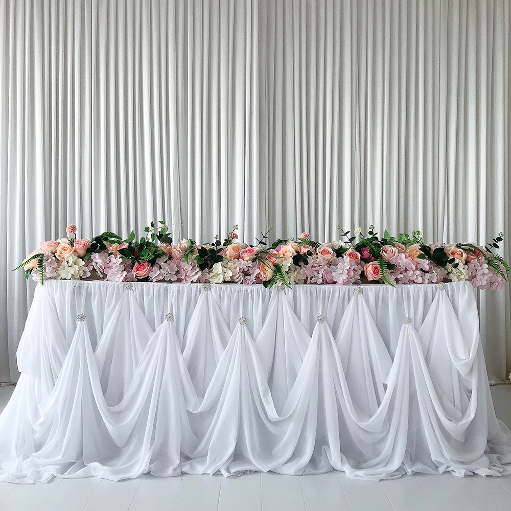 

2 piece / 10ft L * 30 Inch H New Design Chiffon Table Skirting With Luxury Diamond Brooch For Wedding Decoration