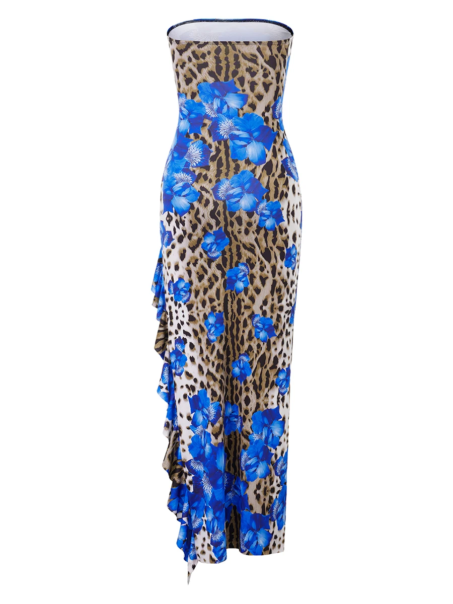 Women s Off Shoulder Ruffle Maxi Dress Floral Print Boho Beach Long Dress Summer Party Dress with Slit