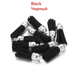Elegant Leather Tassel Charms with Gold and Silver Caps - Set of 20 for DIY Jewelry and Keychain Crafts (Black)