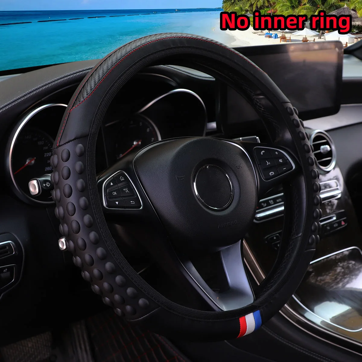 Steering Wheel Cover Automotive Carbon Silicone Massage Pellet Leather Steering Wheel Cover without Inner Ring Fits 14.5-15 Inches
