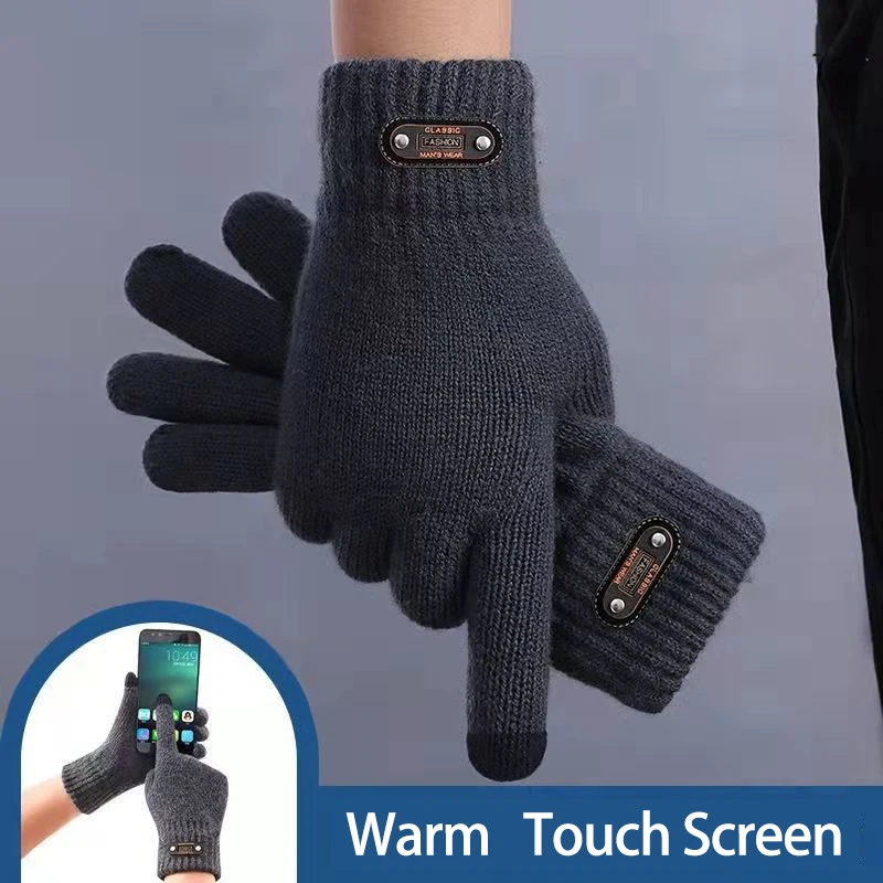 Gants d'hiver pour hommes écran tactile cyclisme coupe-vent laine tricot épais polaire bureau étudiant chaud jeu d'affaires élastique doux gant