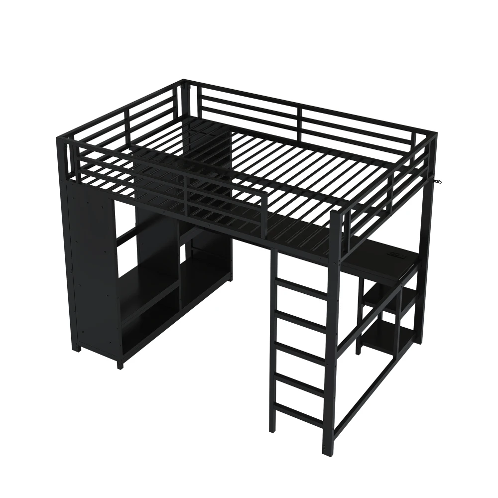 Metall-Gaming-Hochbett mit LED und Schreibtisch Modernes Kinder-Etagenbett mit Offenem Kleiderschrank Aufbewahrungsboxen Schwarz Ideal für Kinderschlaf und -spiel – Detail 13
