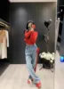 WHITNEY WANG Designer Style 2025 Spring Fashion Streetwear Color Contrast Side Bow Jeans Women Denim Pants Plus Size S- 5XL 2