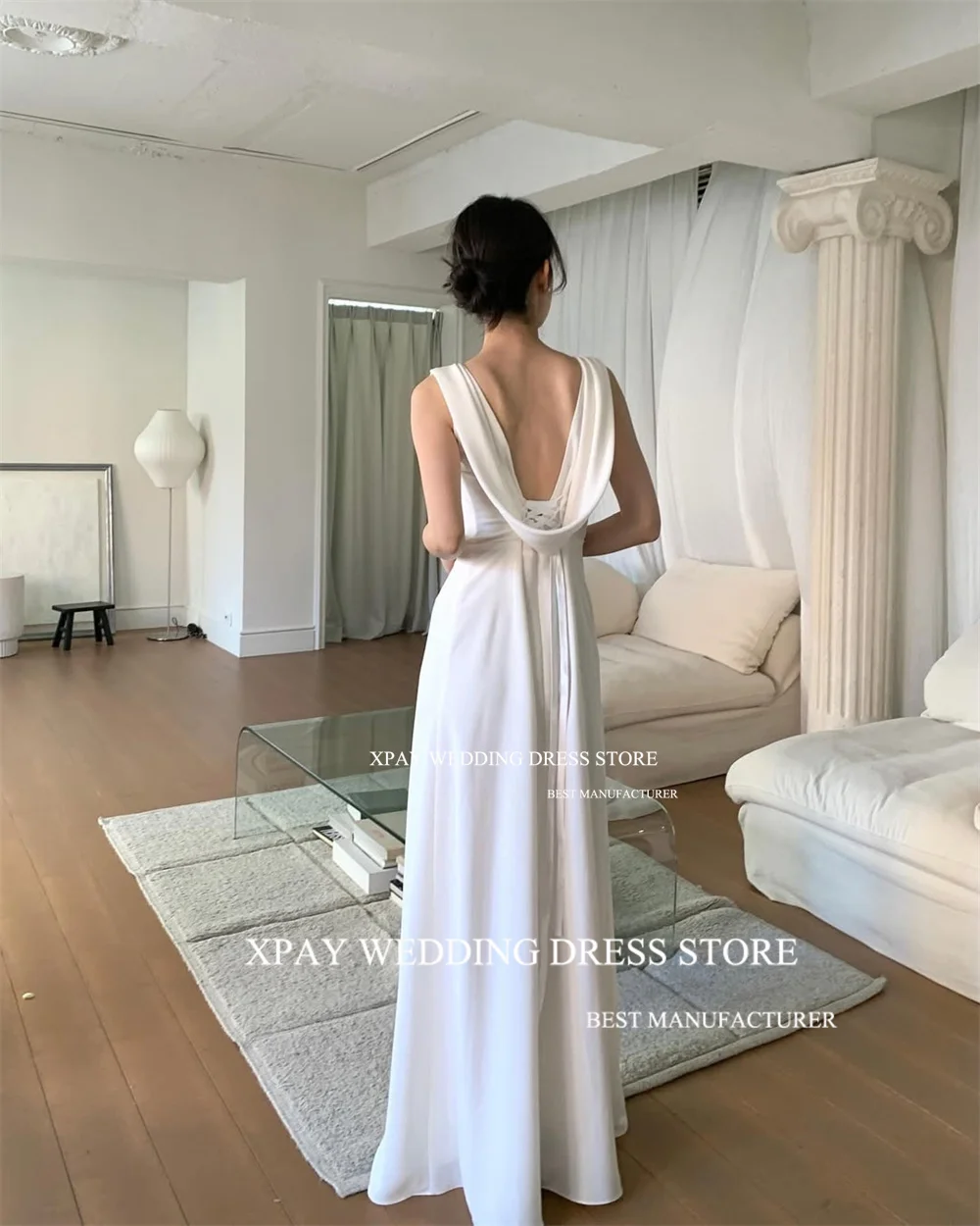 XPAY Elegant Scoop Neck Korea Wedding Party Dresses Cowl Backless Satin Customized Bride Dress Backless Bridal Gown Photos Shoot 5