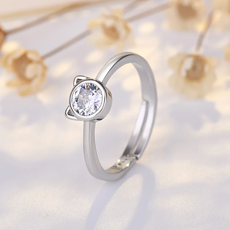 Silver Stainless Steel CZ Cat Rings for Women Personality Cute Cat Open Ring Creative Jewelry Party Gift