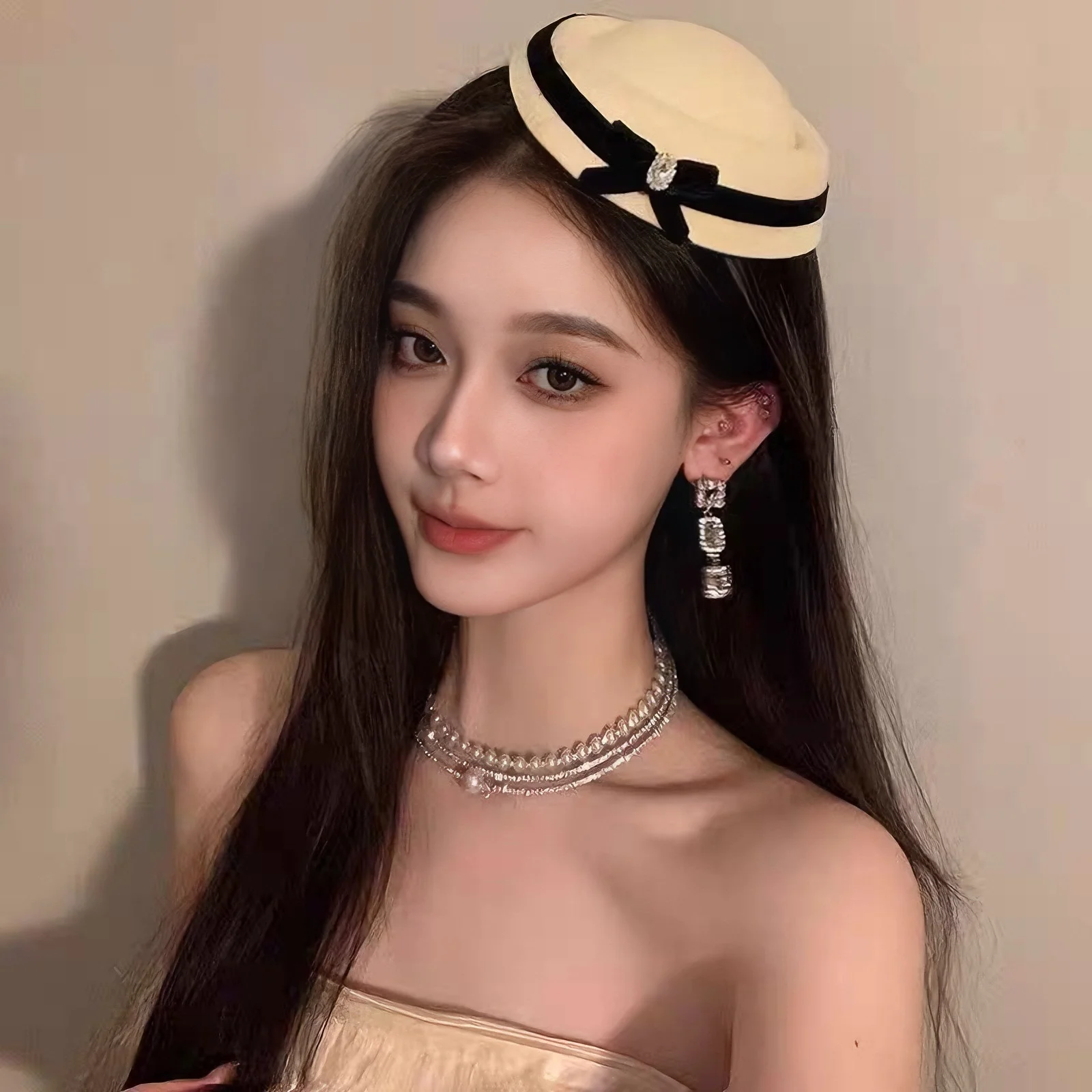 1PC Cream Velvet Cherry Beret Hat, Red Bow Decor Fashion Cap, Elegant Daily Headwear, Stylish Outfit Matching Hat