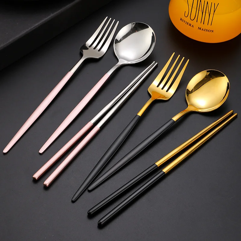 Gold Reusable Utensils with Case Camping Travel Silverware Set,Portable  Stainless Steel Cutlery Set - Matte Flatware Set Knife Fork Spoon Mirror