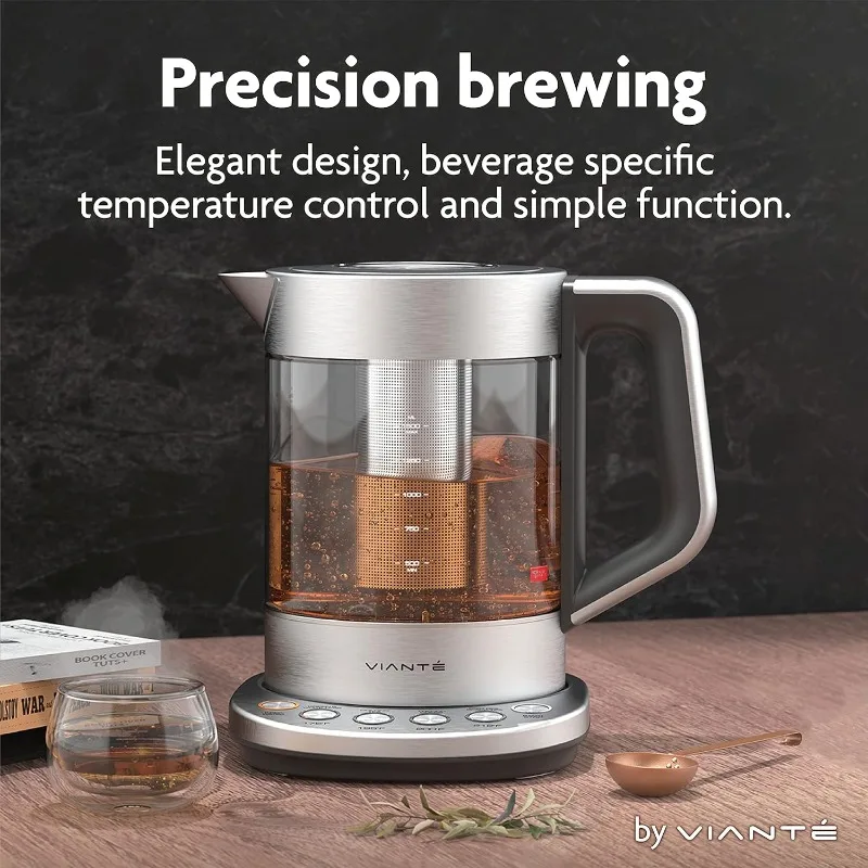 Vianté Hot Tea Maker Electric Glass Kettle with tea infuser and temperature control.Automatic Shut off.Brewing Programs for your 2
