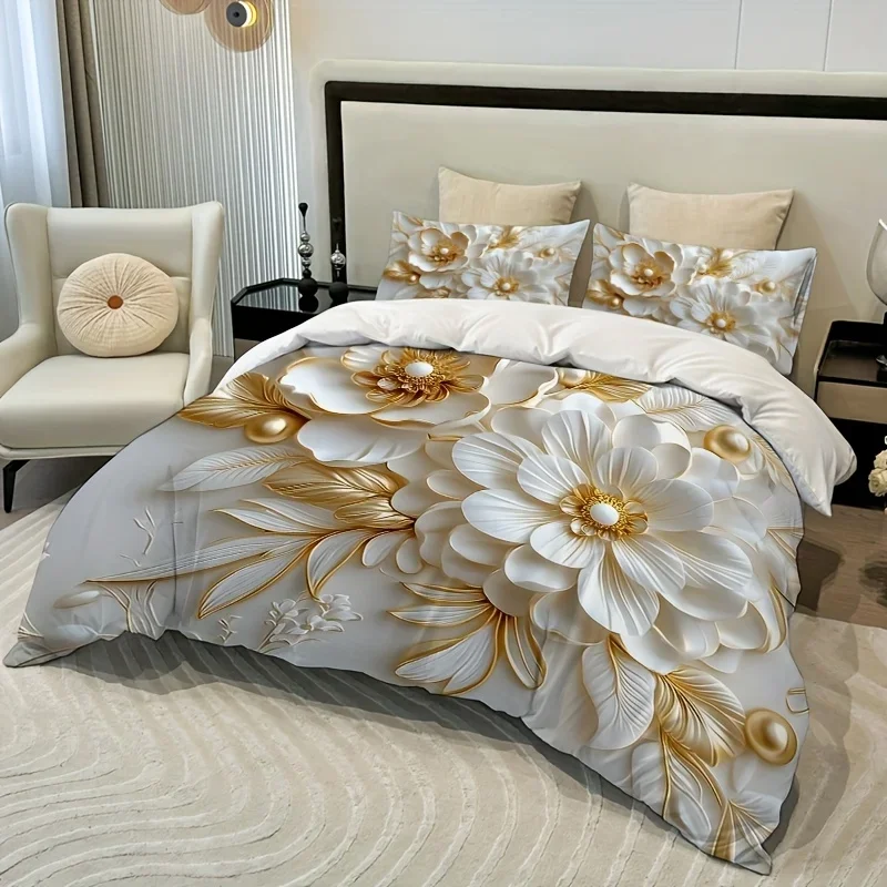 3 Pcs of Gold Leaf Pearl Flower Duvet Cover with 2 Pillowcases Queem King Size HD Printed Pattern Bedding Soft and Comfortable