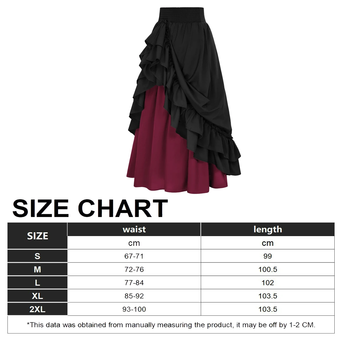 SEAUR Victoriaanse rok voor dames, renaissance, middeleeuwse maxirok met ruches, hoge taille, A-lijn, lange rok, steampunk, vintage, carnaval, feestelijk, cosplay kostuum, L