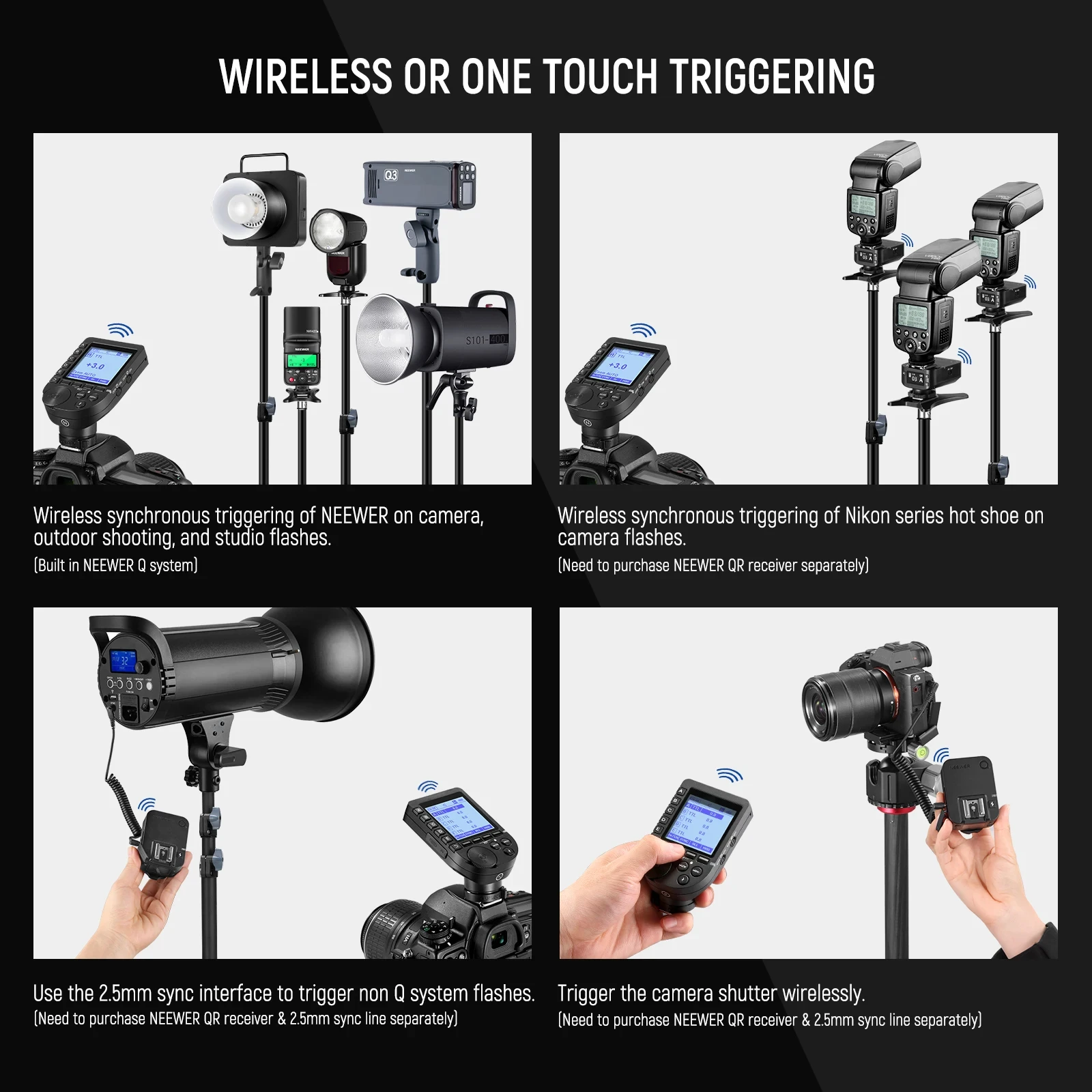 NEEWER QPRO TTL HSS Wireless Flash Trigger and QR Receiver with LCD Screen for Canon Nikon Sony Cameras flash trigger