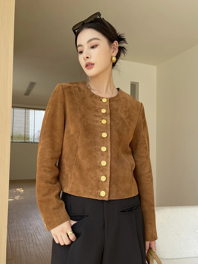 

Retro Simple Genuine Leather Suede Jackets Women 2024 New Trend O-neck Single Breasted Slim Cropped Real Sheepskin Coat