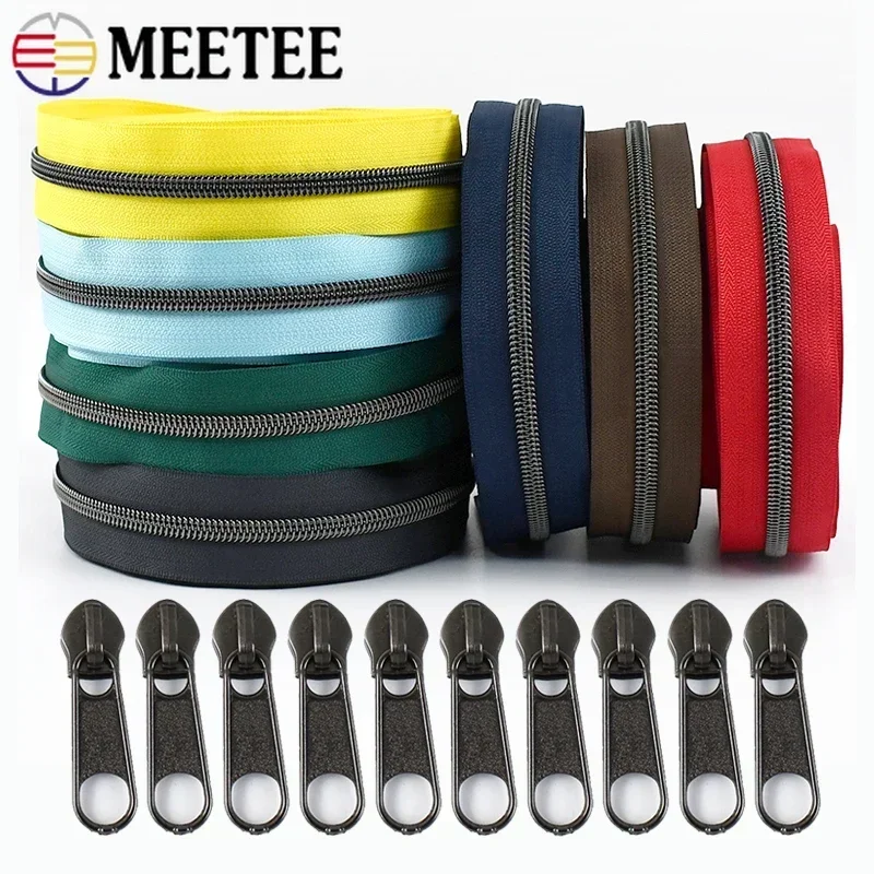 

2/5/10M Meetee 5# Nylon Zipper Tape & Zip Slider Pull Bag Decor Zippers By The Meter Zips Repair DIY Clothes Sewing Accessories