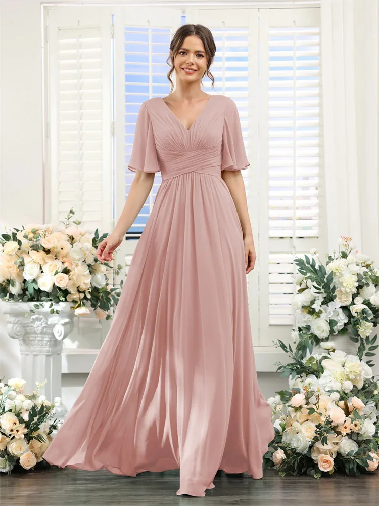 A-Line V-Neck Half Sleeves Split Side Floor Length Chiffon Bridesmaid Dresses With Pockets Elegant Dresses for Weddings Guest