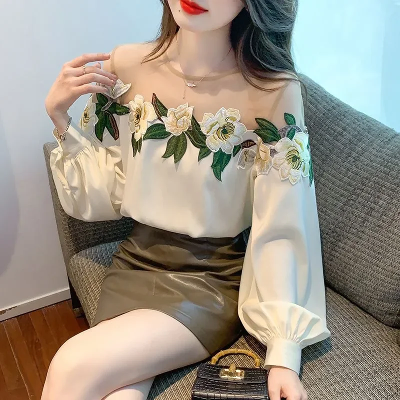 꽃 프린트 패치워크 얼룩 셔츠, 우아한 레이스 긴팔 셔츠, 한국 스타일 블라우스, 봄 여름 패션, 2023