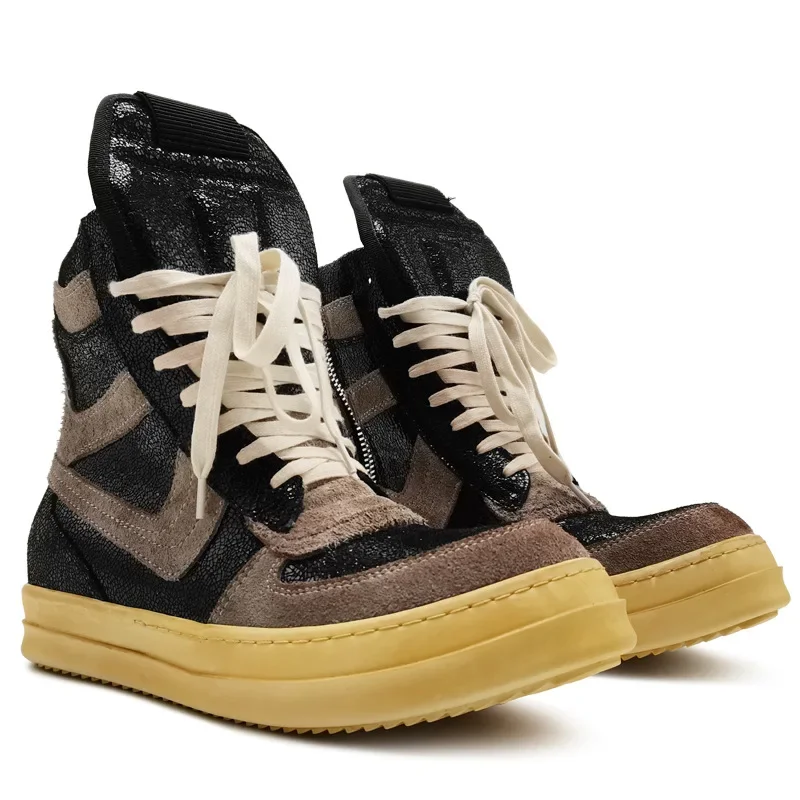 

Rick Brand Designer High-Top Genuine Leather Lace-up Board Shoes for Men with Vintage Hook and Side Zipper Zapatos Para Hombre