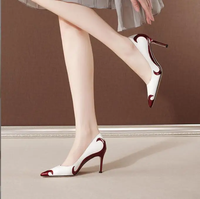 Fashion Women's Pumps Pointed Toe Patent Leather High Heels Dress Shoes Color matching Wedding Shoes Thin Heels Dancing shoes