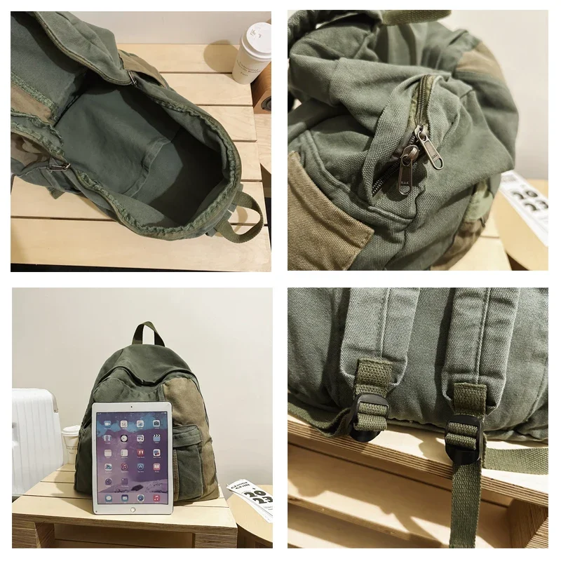Canvas Women's Backpack Vintage Shoulders Bag College Knapsack Patchwork Packbag Travel Rucksack Student Mochila Y2K Book Bag 5