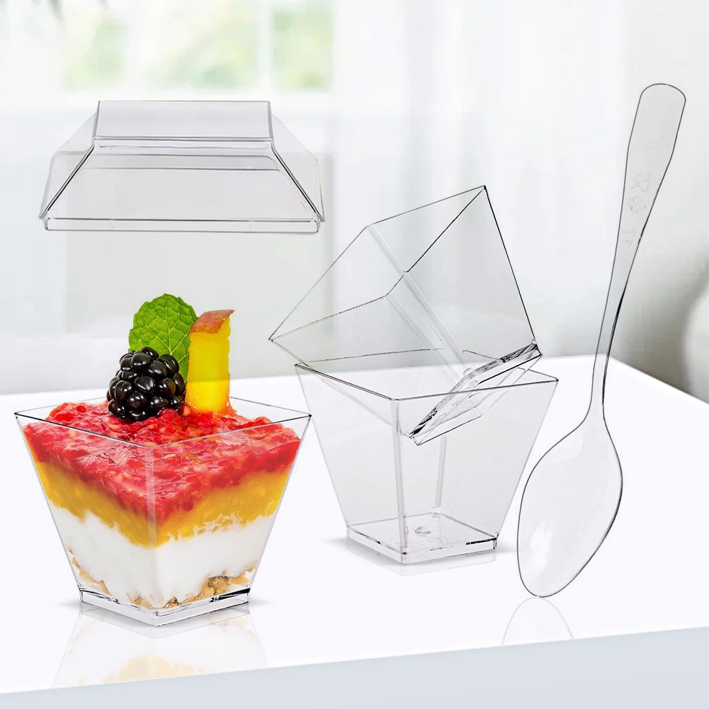 50/100 Pack Plastic Dessert Cups Square Clear Yogurt Parfait Cups Parfait Cups for Fruit Pudding Mousse Ice Cream Party Wedding