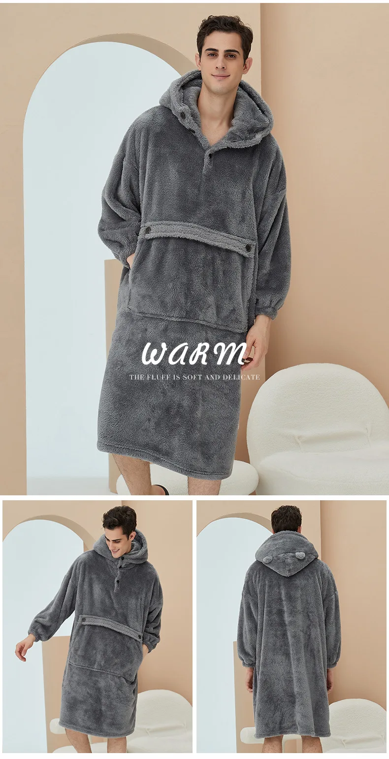 Unisex Robes Men Winter Dressing Gown Winter Warm Fleece Robe Pullover Hooded Women Winter Dressing Gown Robes Soft Bathrobe red pajama pants