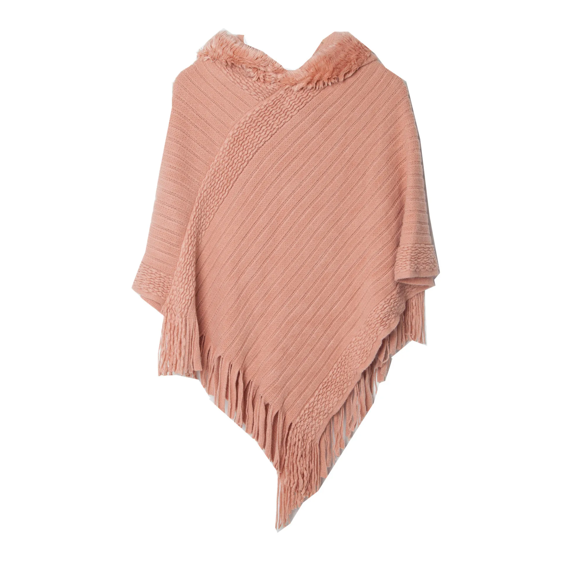 

Spring and Autumn New Style Solid Stripe Tassel Hooded Cape Fashion Street Poncho Lady Capes Pink Cloaks