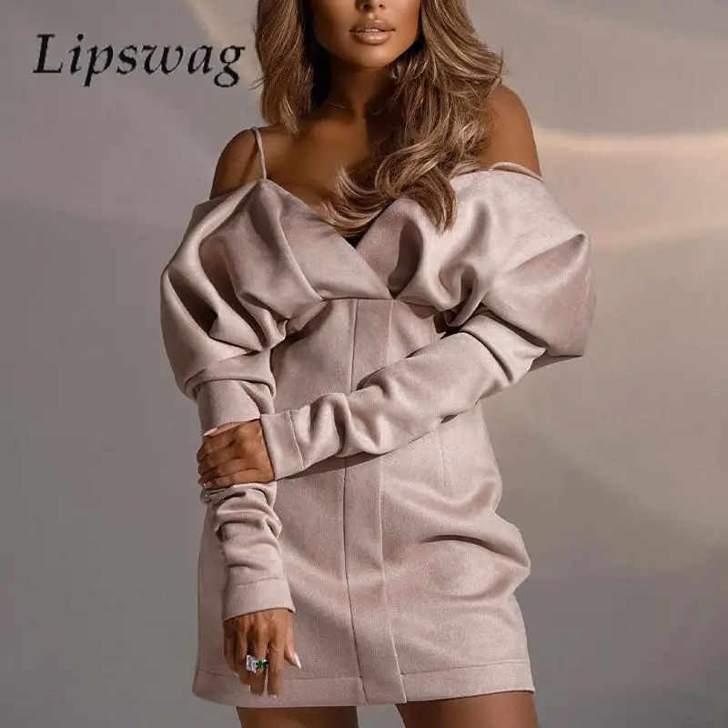 

Платье с открытыми плечами и длинным рукавом, однотонное плиссированное платье на бретелях