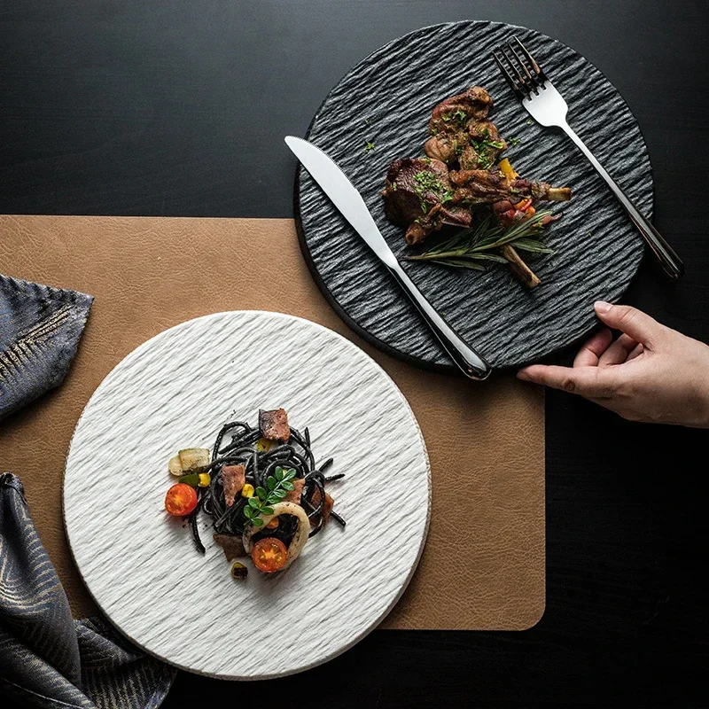 Dining Dish Creative Western Tableware Ceramic Round Steak Pasta Plate Kitchen Utensils Fine Cooking Dishes Black Stone Grain Flat Plate